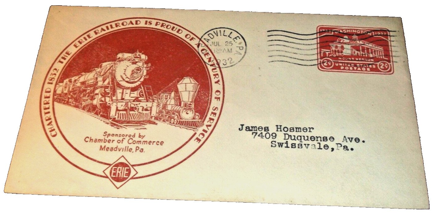 APRIL 1932 ERIE RAILROAD 100TH ANNIVERSARY ENVELOPE WITH SPECIAL CACHET D