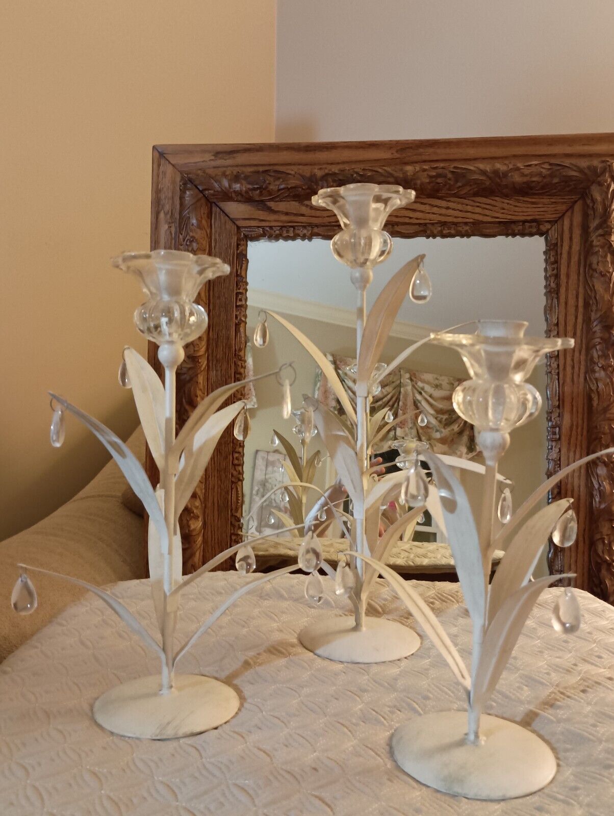 Floral art deco metal and glass candlestick set *UNIQUE*VINTAGE*WHIMSICAL*