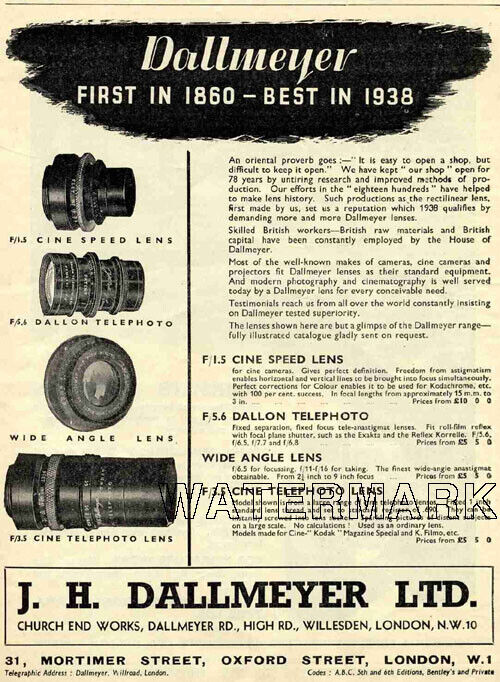 J.H. Dallmeyer Dallon and Cine Lenses vintage 1938 British Print Ad