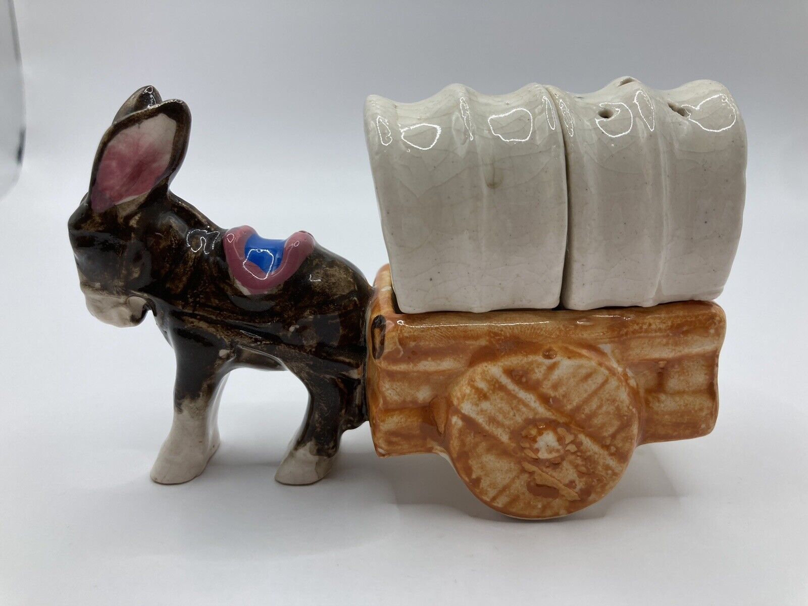 Vintage Handpainted Donkey Pulling Wagon Cart Salt & Pepper Set w/ Plugs Japan