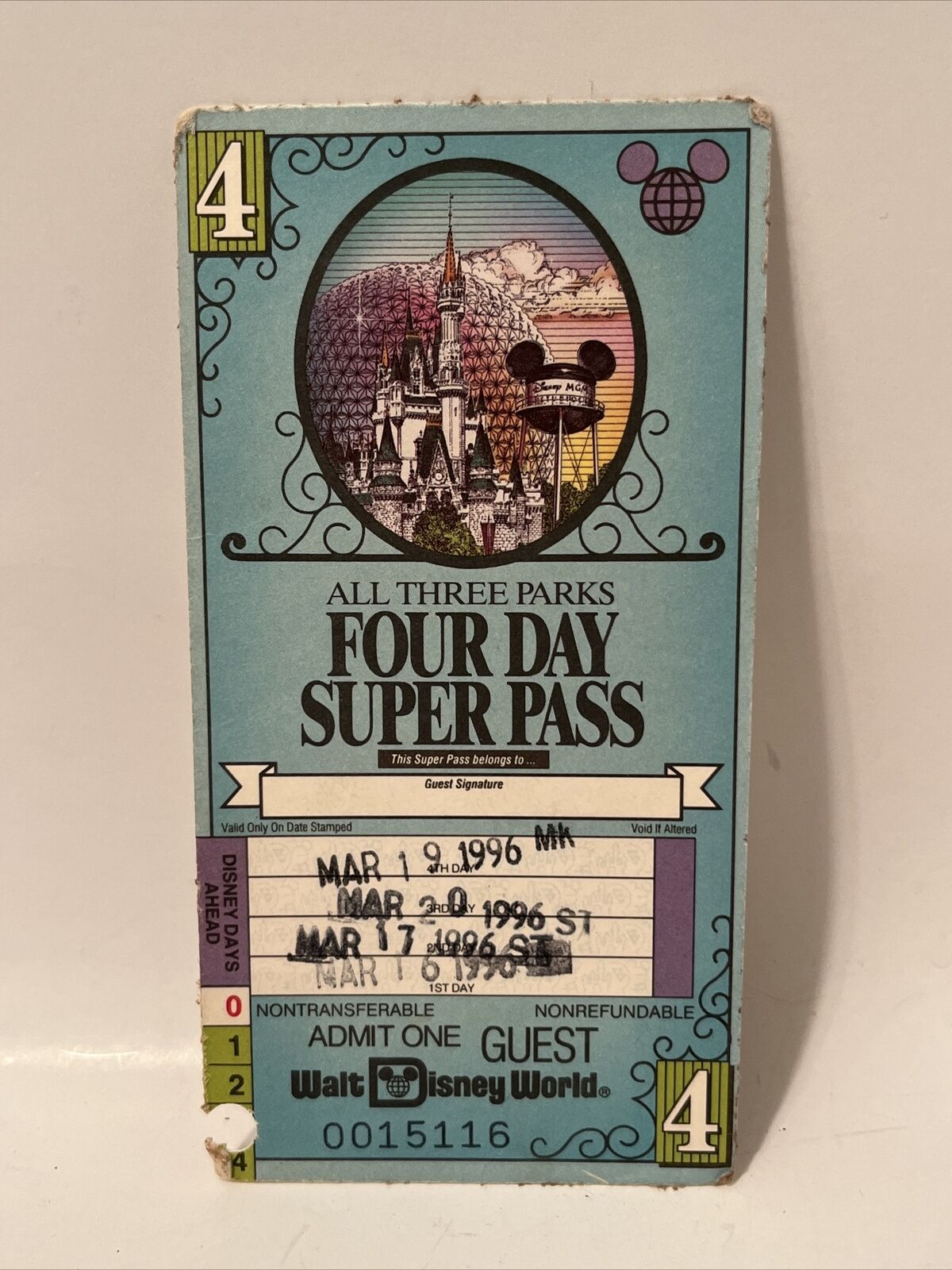 Walt Disney World 4 Day Super Pass All Three Parks Rare Ticket Stub 1996 Vintage