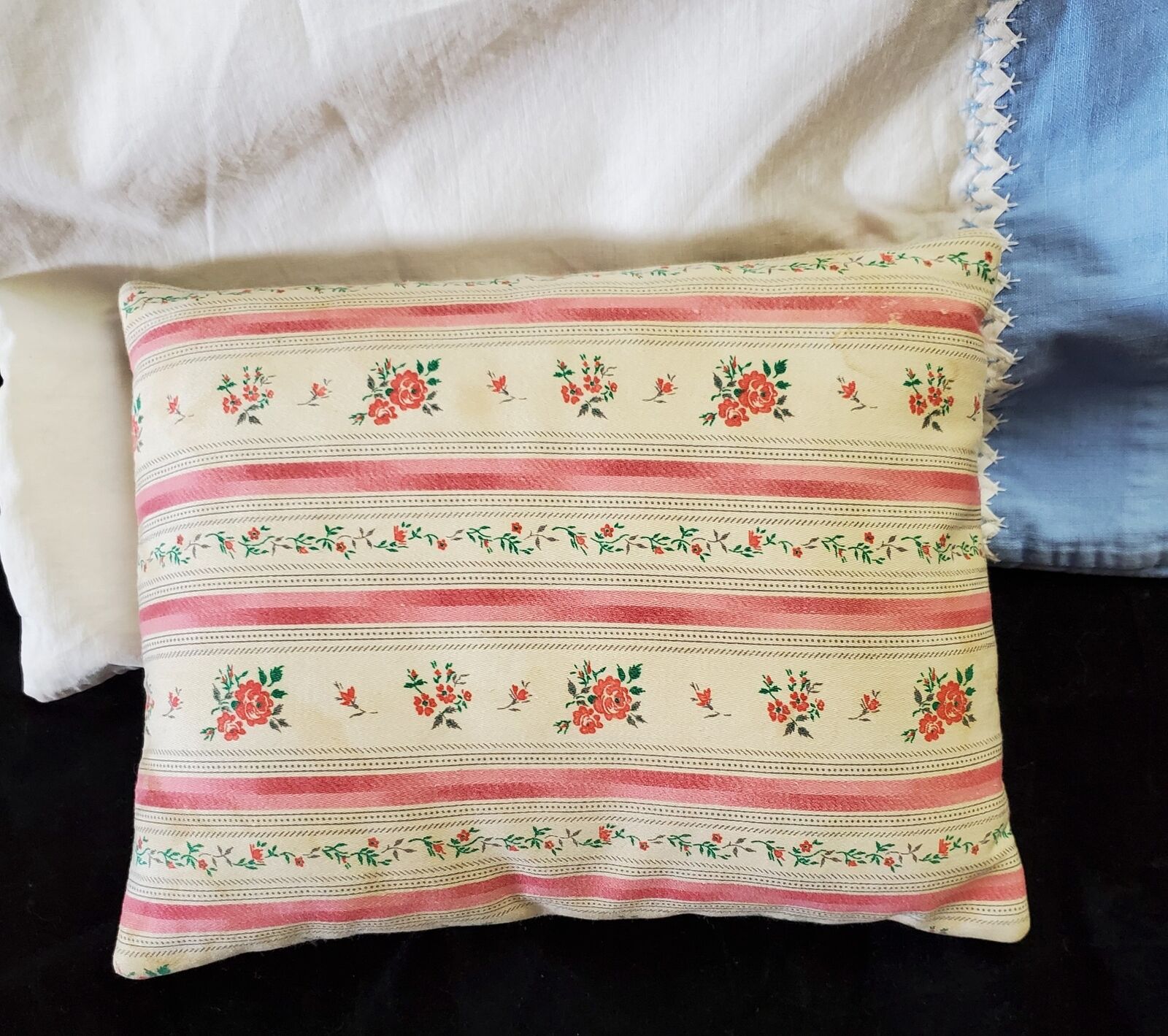 Antique Child Doll Ticking Feather Pillow and Embroidered Pillowcase