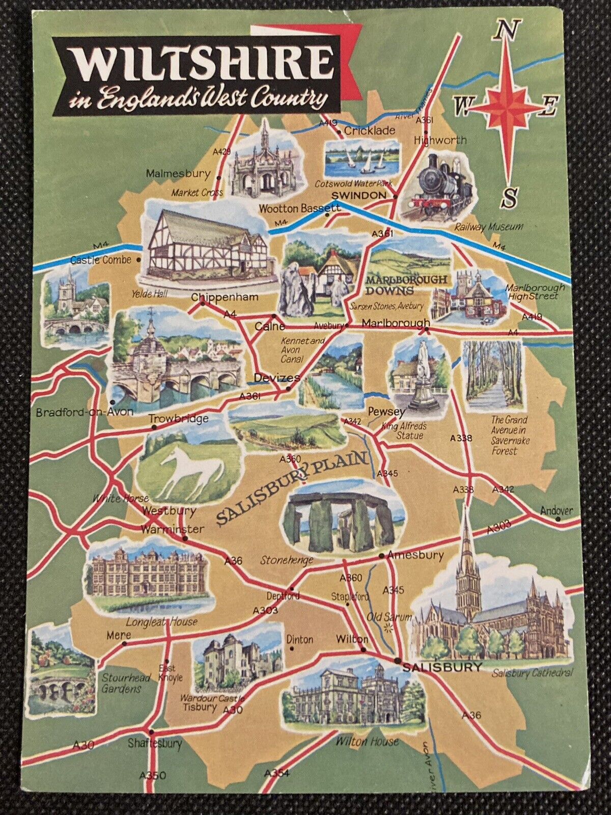 Wiltshire, England 1990 Map Postcard