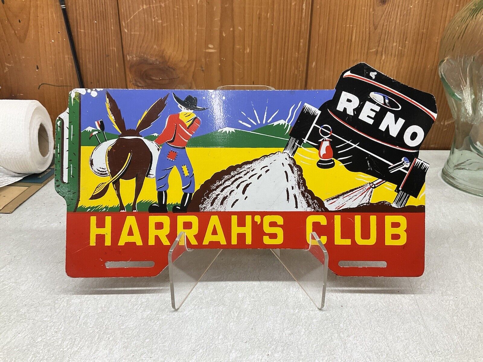 Vintage Harrahs Club Casino Reno Licence Plate Frame Topper Car Truck Automobile