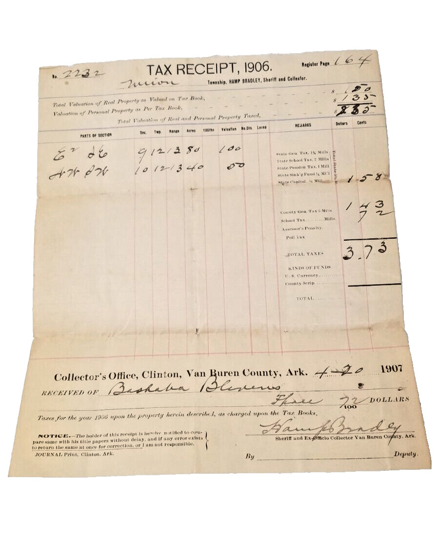 Antique 1906-07 Personal Property Tax Receipt Van Buren County Arkansas 1150