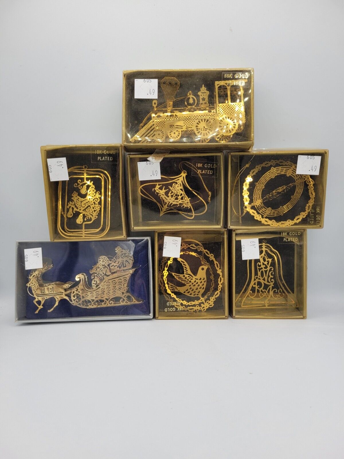 Set of 7 Vintage 18k Gold Plated Christmas Ornaments - 1983 - MIB