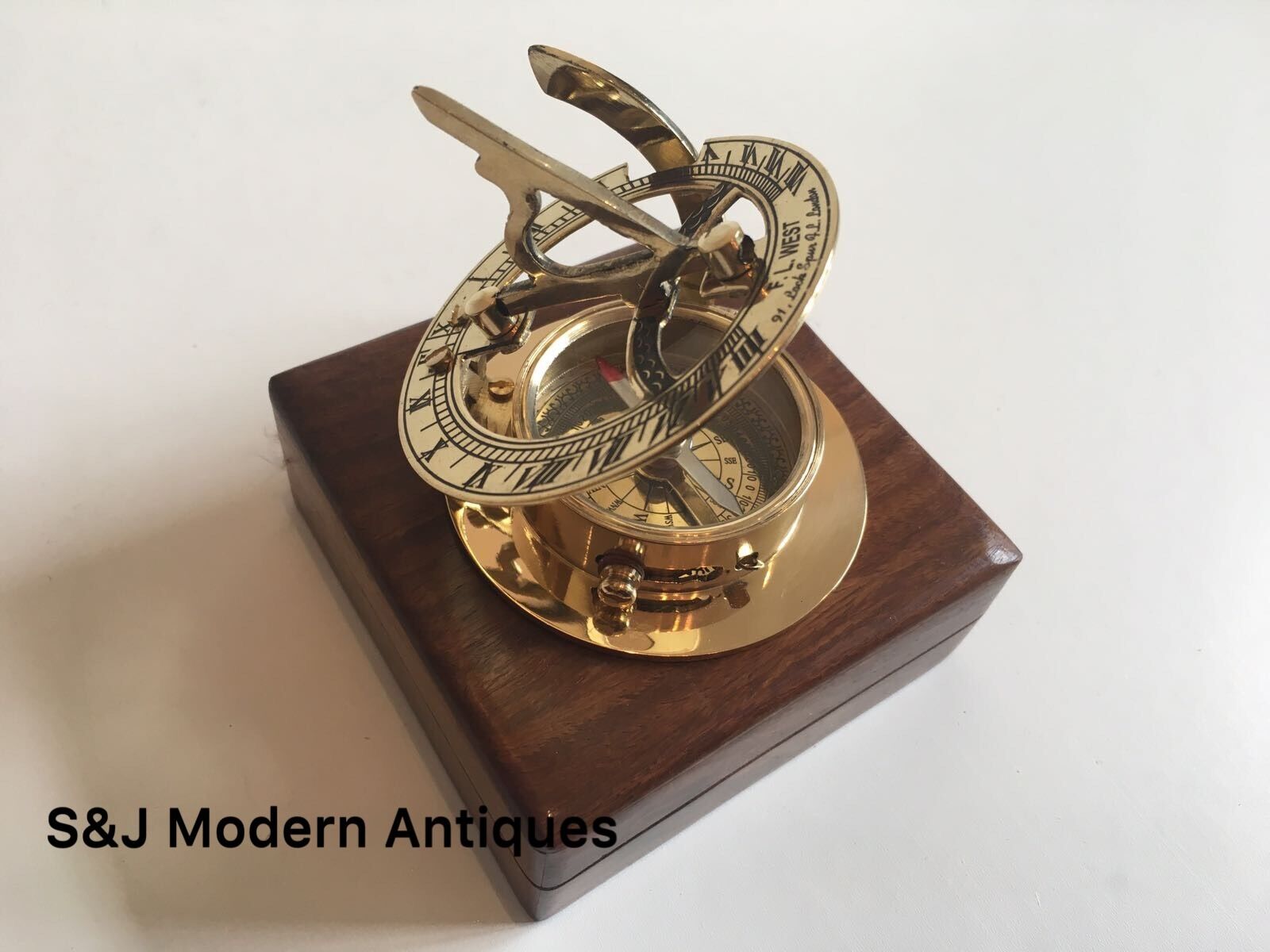 Brass Sundial Compass Vintage Nautical  Retro Steampunk Wooden Teak Box 3\