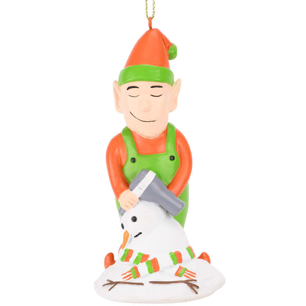 Tree Buddees Elf Hair Drying a Snowman Funny Christmas Ornament Fun XMas Santa