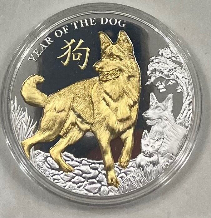 2018 Niue $8 YEAR OF THE DOG 5 Oz Proof Gilded Silver  - Mintage 500  🦮