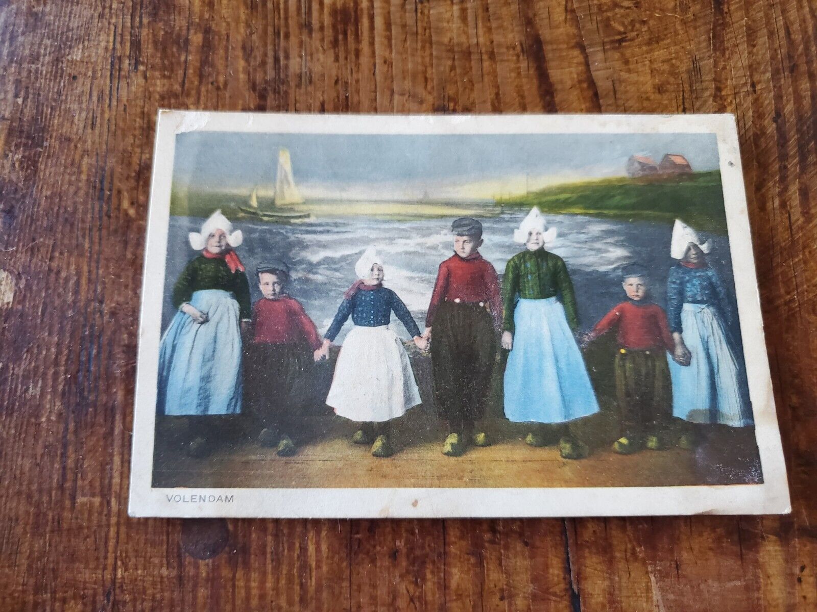 Vintage Postcard Holland Netherlands Volendsm Children Boat Ocean Hand Colored