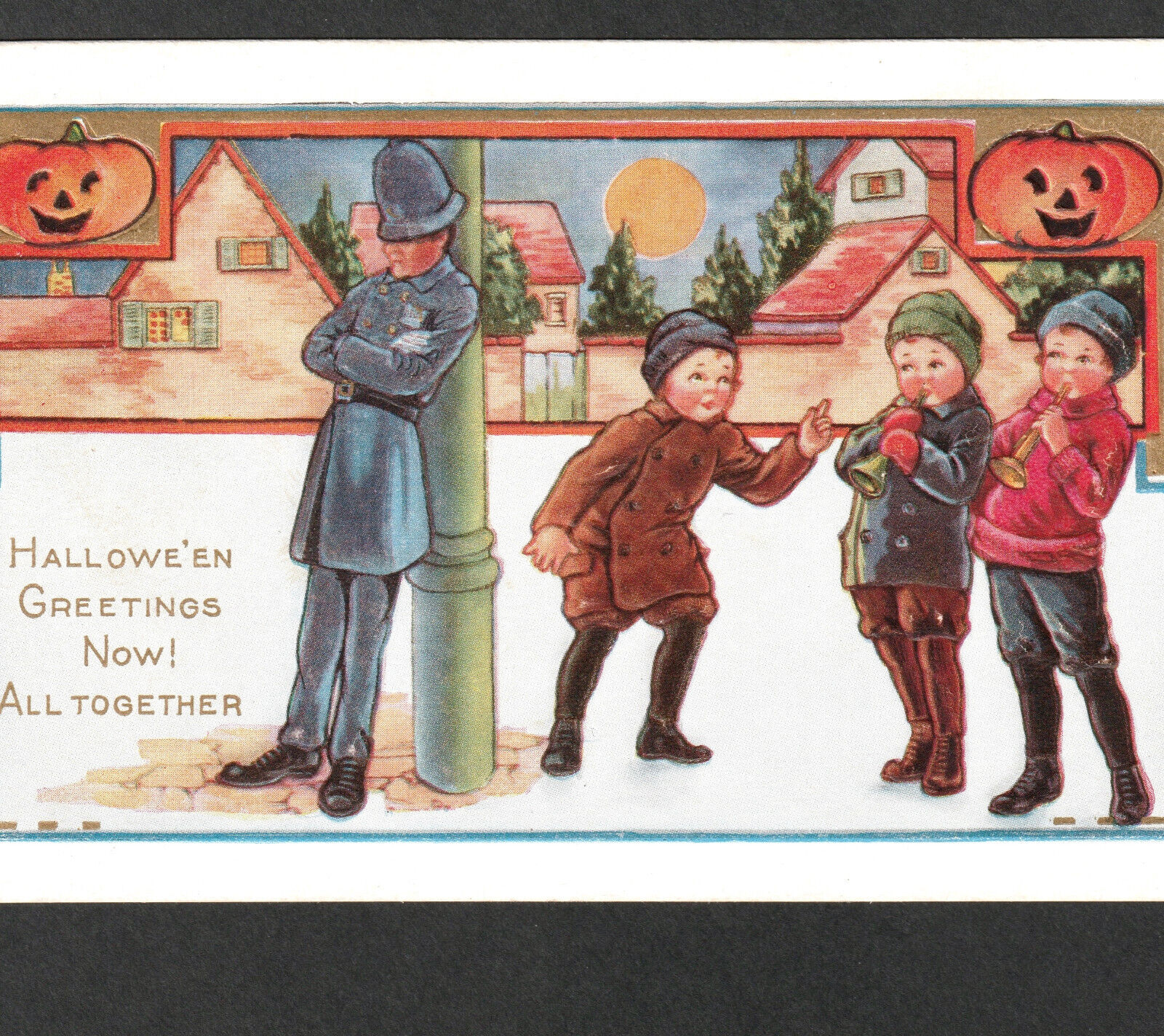 Halloween Greetings Boys Blow Horn Policeman Prank Cop Whitney WH33 JOL PostCard