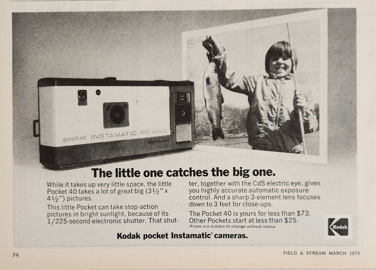 1975 Print Ad Kodak Pocket 40 Instamatic Cameras Boy Catches Huge Fish 