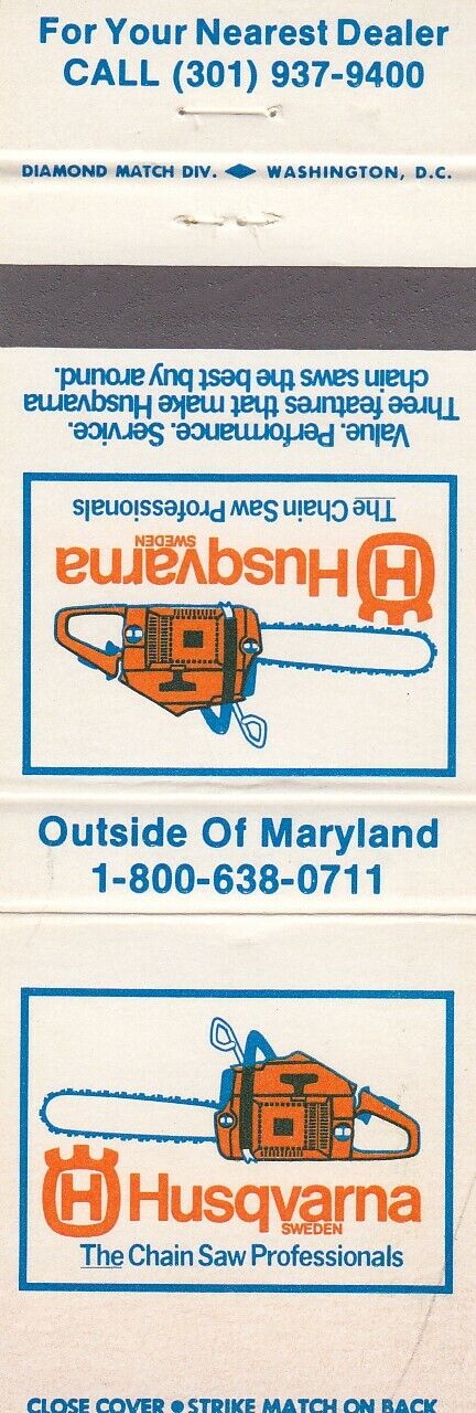 Matchbook Cover  - Chain Saws Chainsaws - Husqvarna Dealer Maryland
