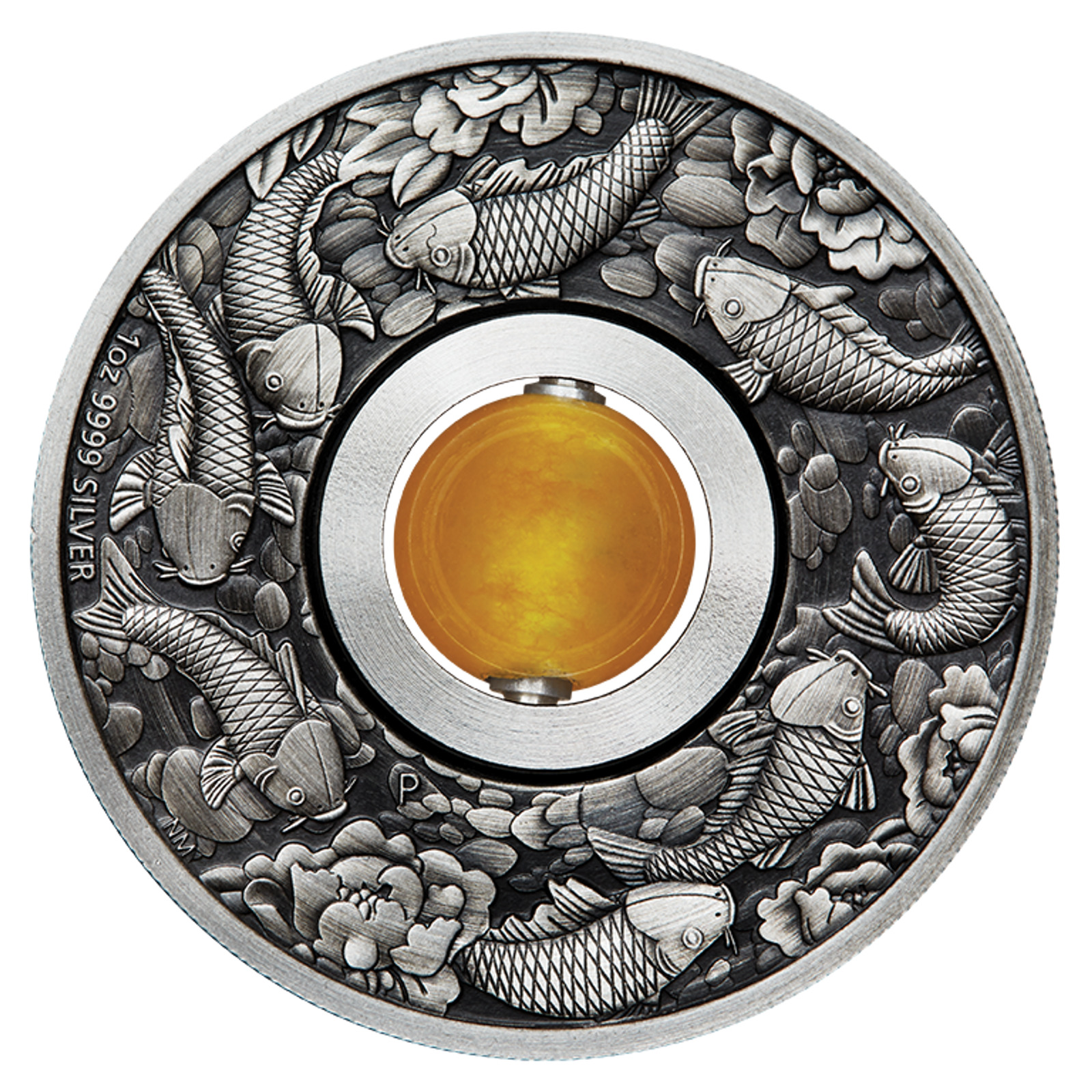 2018 Good Luck - Rotating Topaz Charm 1oz Silver Antiqued Coin - Koi Fish