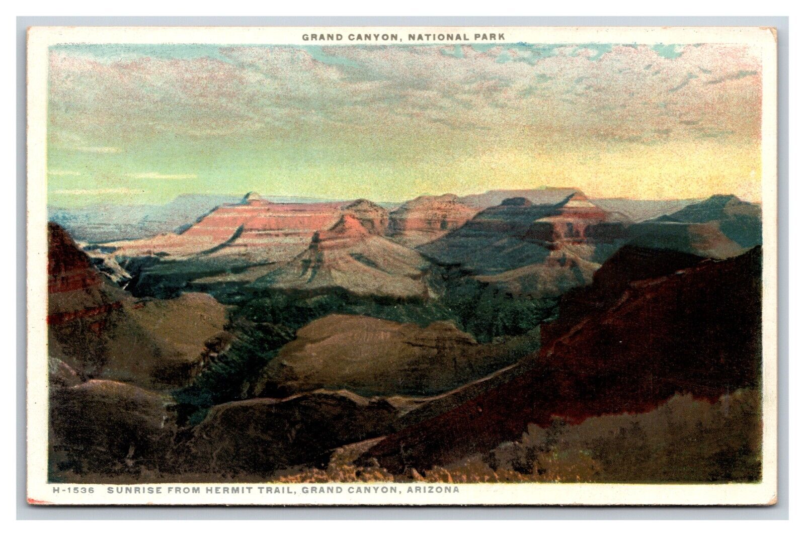 Sunrise From Hermit Trail Grand Canyon AZ Fred Harvey UNP DB Postcard W11