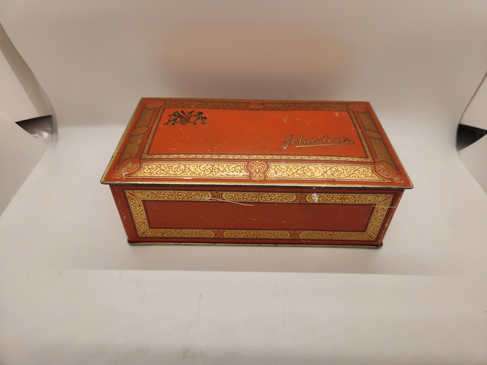 Vintage Johnston\'s Chocolate Advertising Tin Candy Box W/Hinged Lid Orange/Gold