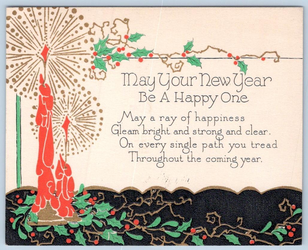 1920-30\'s ONE SIDED NEW YEARS CARD ART DECO BLACK ORANGE GREEN GOLD CANDLES