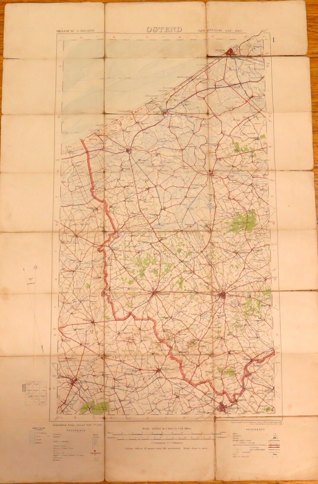 Scarce 1911 British Map Used During WW1 Ostend, Belgium.