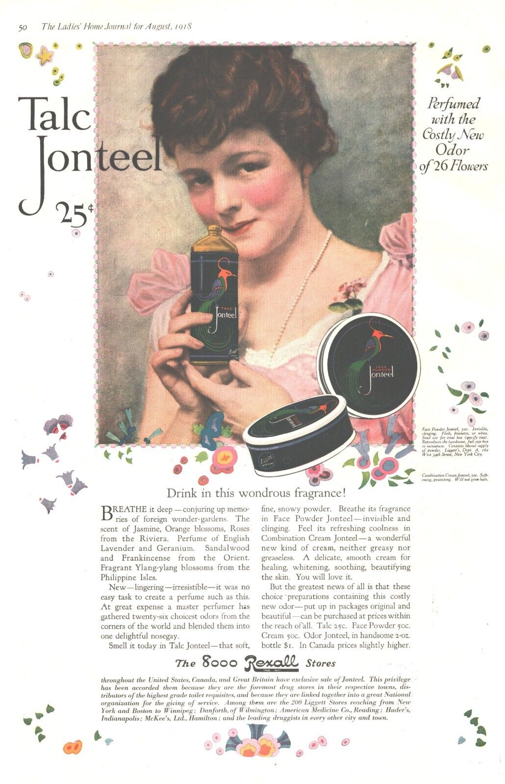 1918 Jonteel Talc Antique Print Ad WW1 Era Rexall Drug Stores