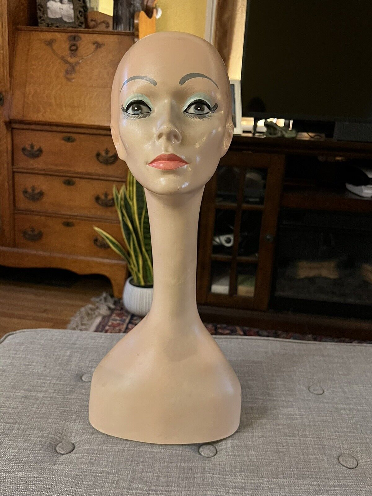 Vintage Female Mannequin Head Bust Store Counter Hat Wig Display Long Neck 21”