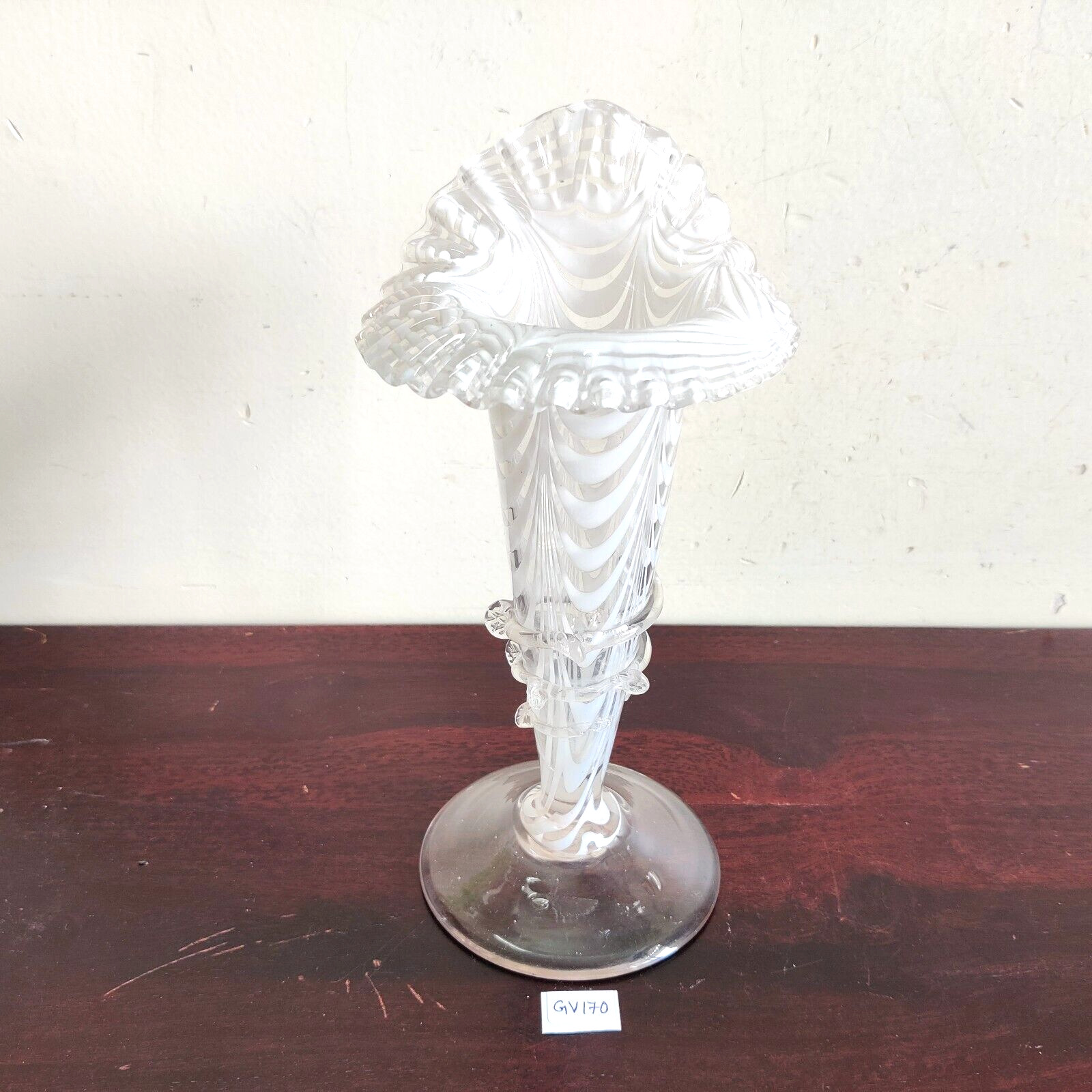 Antique Clear White Swirl Glass Flower Vase Pontil Mark Rare Collectible GV170