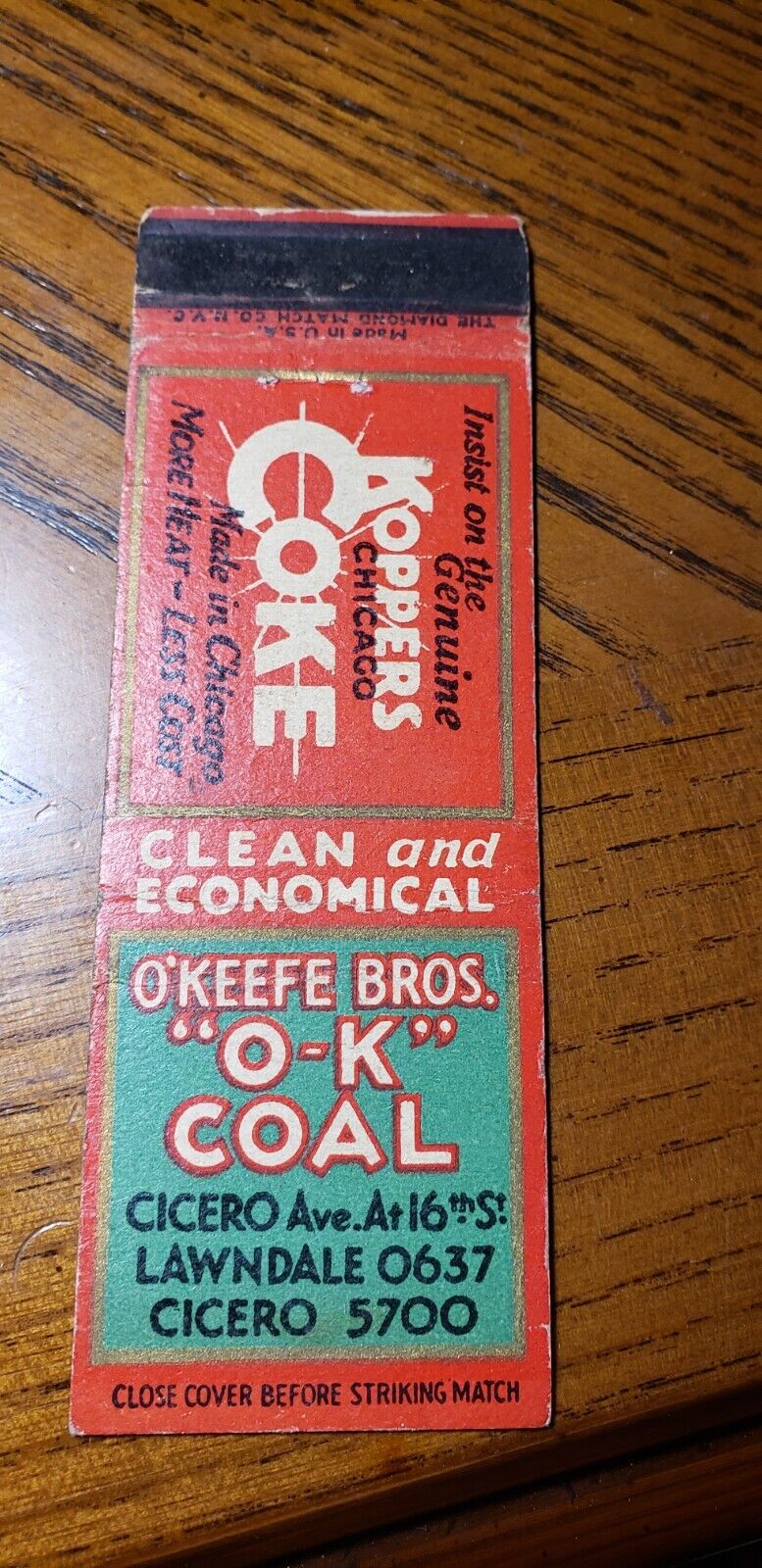 Vintage Matchcover  O'keefe Bros O-K Coal