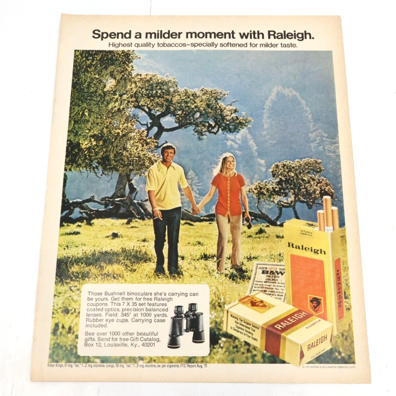 1972 Raleigh Filter Tip Cigarettes Spend A Milder Moment Print Ad 10.5x13.5
