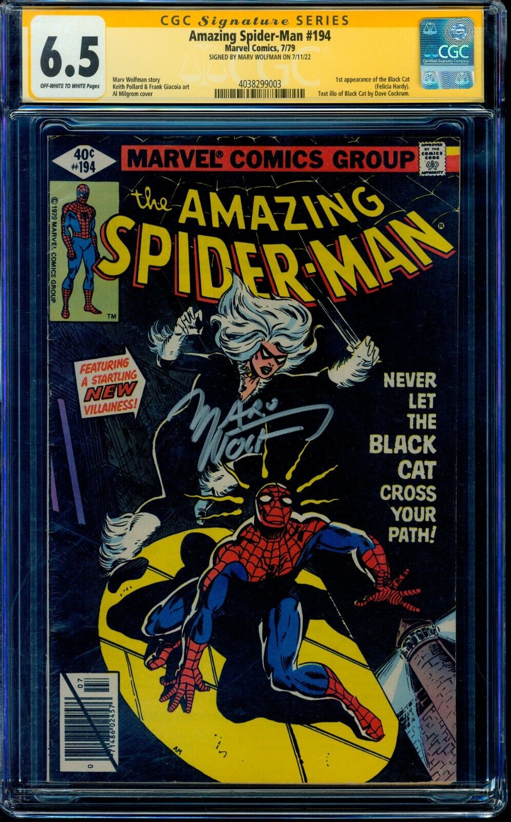 Amazing Spider-Man 194 CGC 6.5 SS OW/W Signed by Wolfman RARE Yellow Bar Error