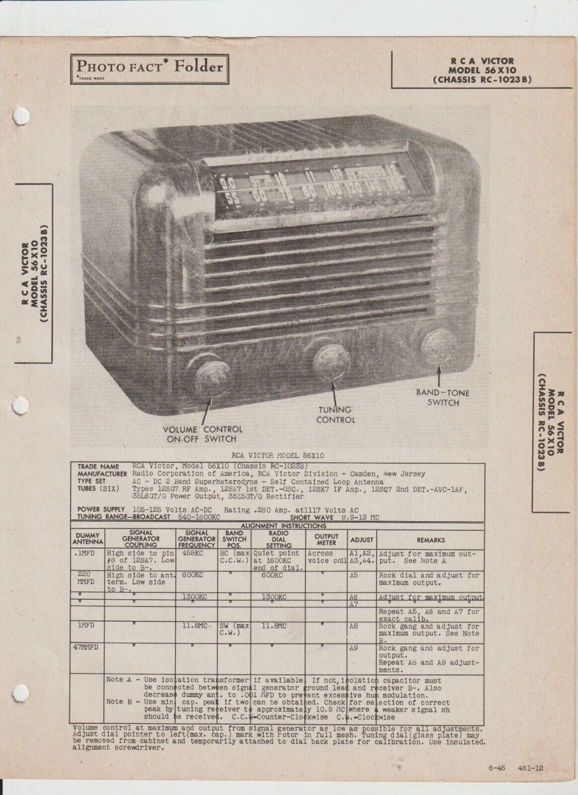 VINTAGE RCA VICTOR MODEL 56X10 RADIO - Photo Fact Folder - June 1946 A1