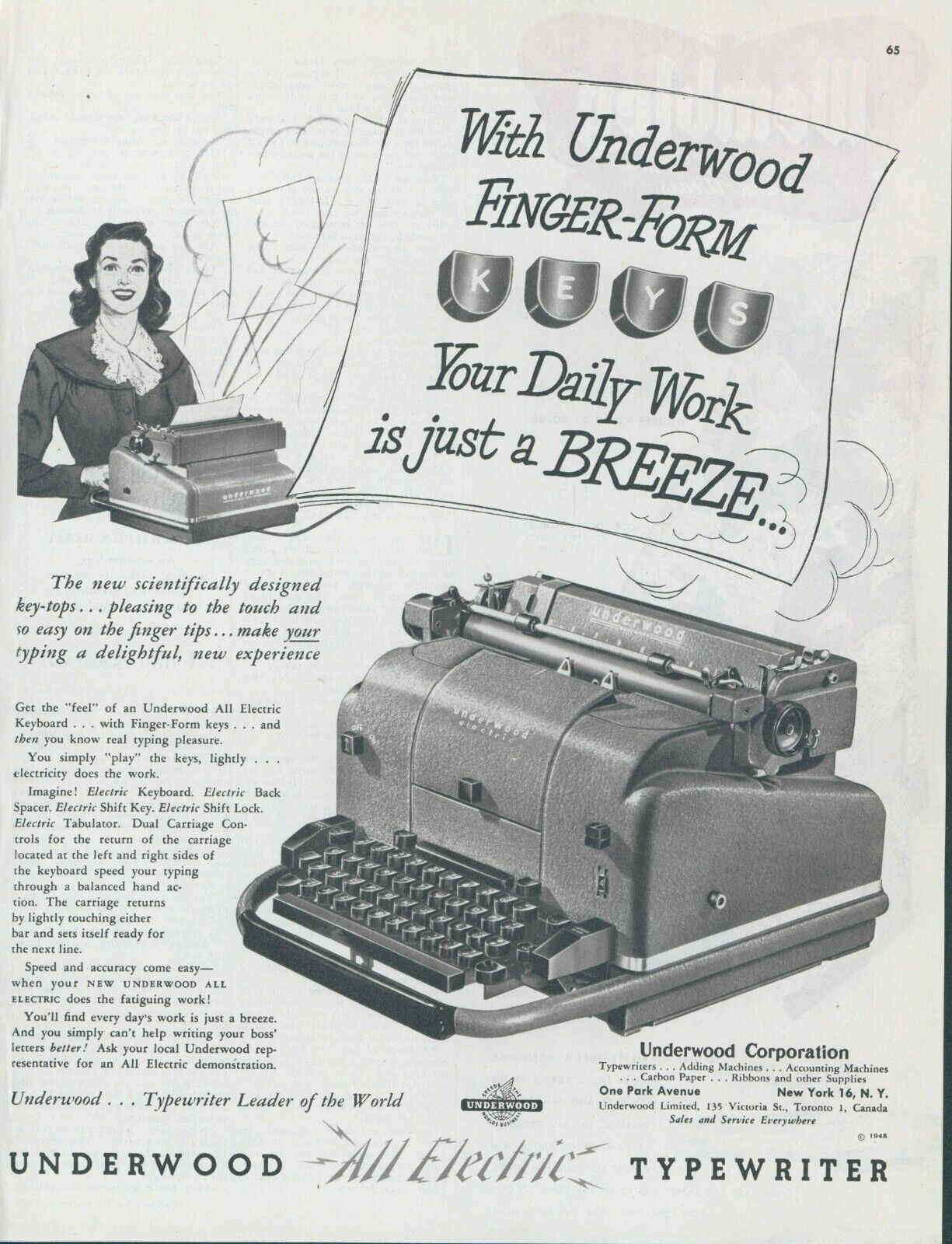 1948 Underwood All Electric Typewriter Finger Form Keys Vintage Print Ad C2