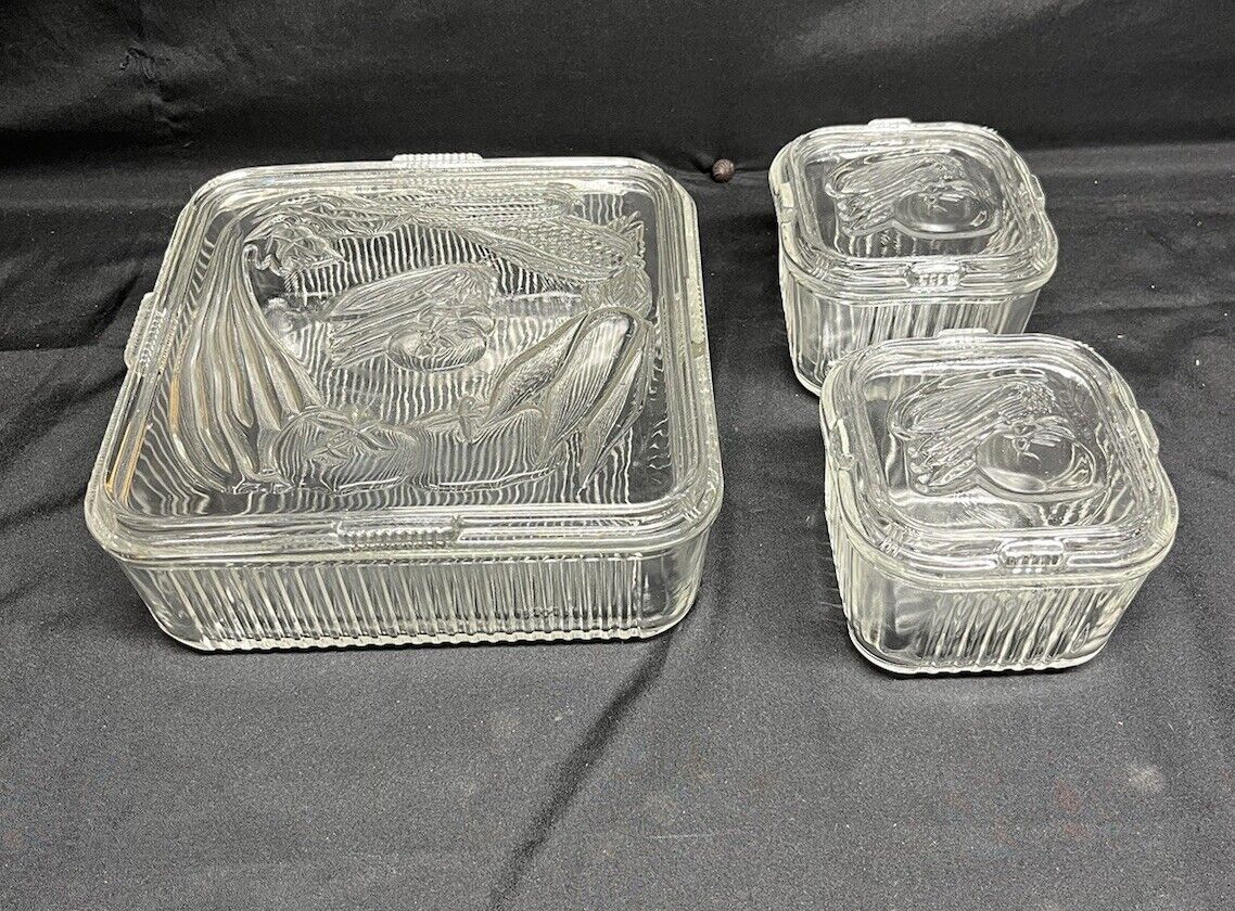 (3) Vintage Federal Clear Glass Refrigerator Boxes With Lids SEE PICTURES 