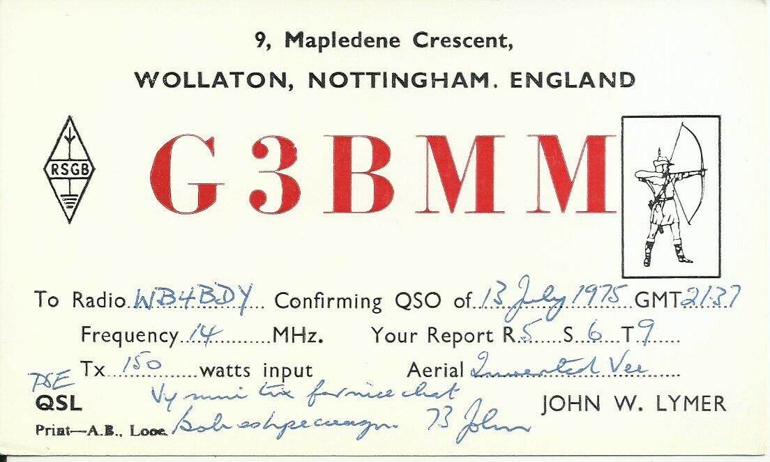 Vintage G3BMM Wollaton Nottingham England 1975 Amateur Radio QSL Card