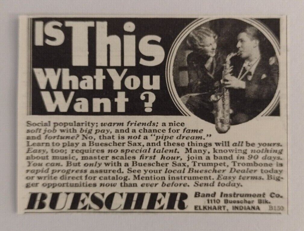 1933 Buescher Band Instrument Co. Advertisement Elkhart, Indiana