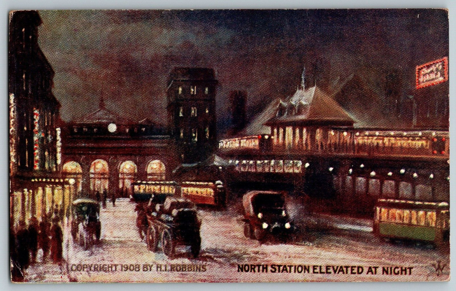 Massachusetts - North Station Elevated at Night - Vintage Postcard - Posted 1908