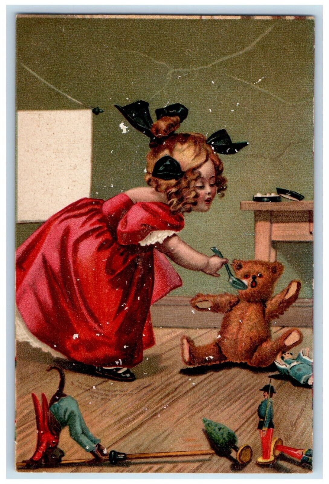 c1910's Girl Dress Red Feeding Teddy Bear Toys Clapsaddle Antique Postcard