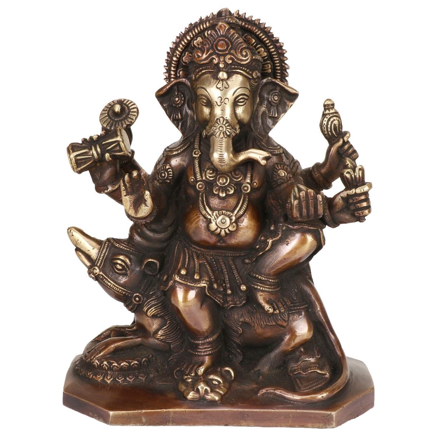 Brass Golden Finish Lord Ganesha Idol Sitting on Mooshak sawari 8 Inch