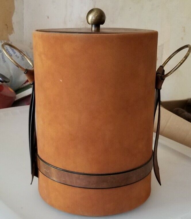 Vintage Elmar Mfg. LA USA Ice Bucket  Brown Suede  Faux Leather Brass