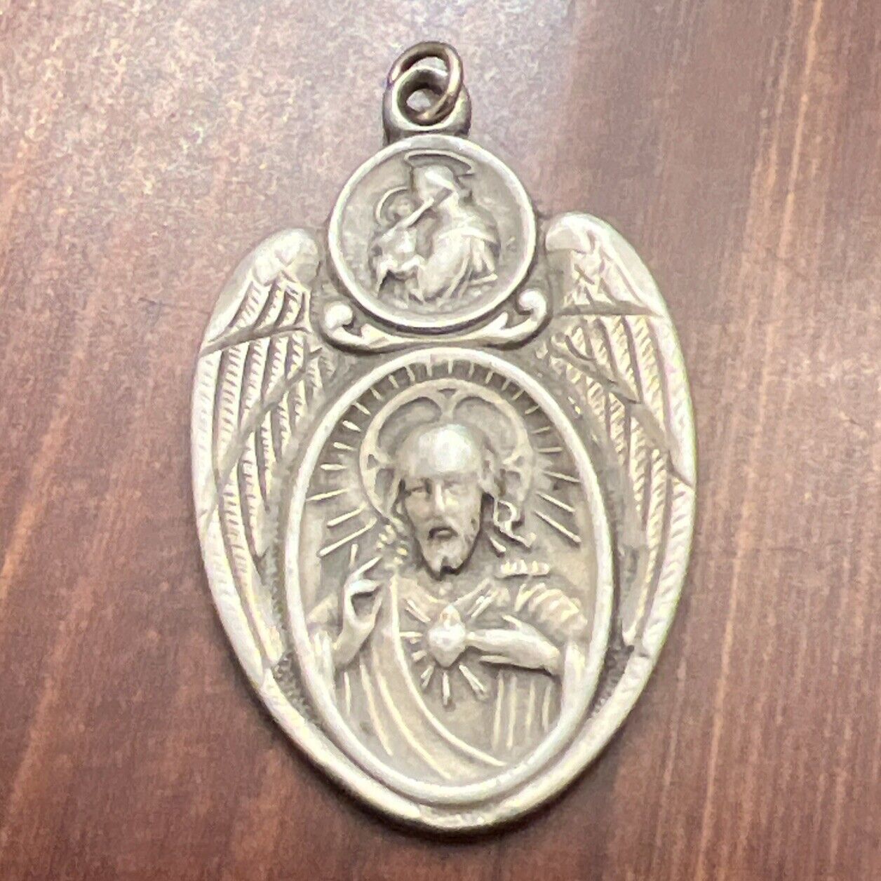 Antique Sterling Silver Sacred Heart Jesus & Our Lady Mary Mt. Carmel Pendant
