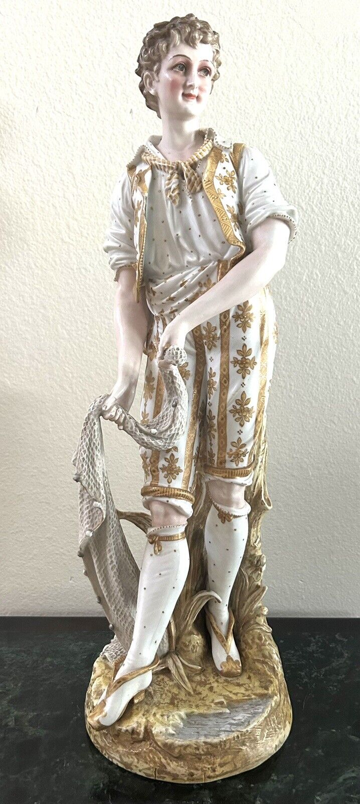 Antique Large 19th c French Bisque Porcelain Figure of Young Fisherman 20”H