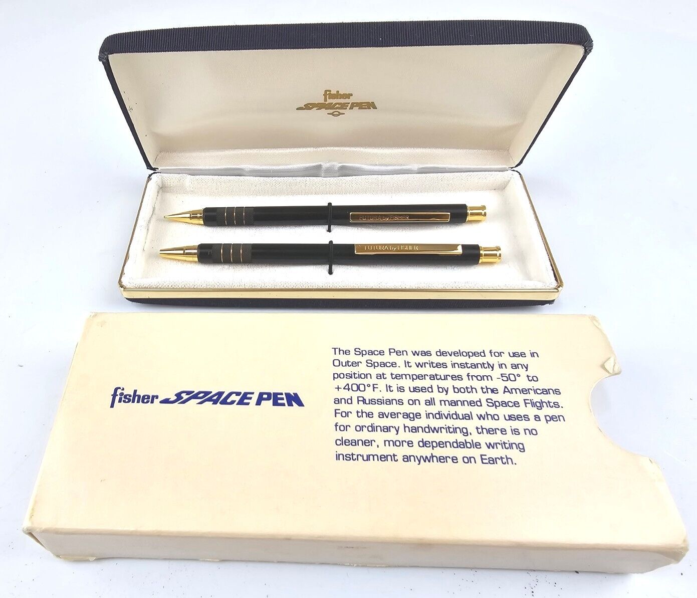 Vintage Fisher Space Pen & Pencil Set Futura Black & Gold With Case And Box