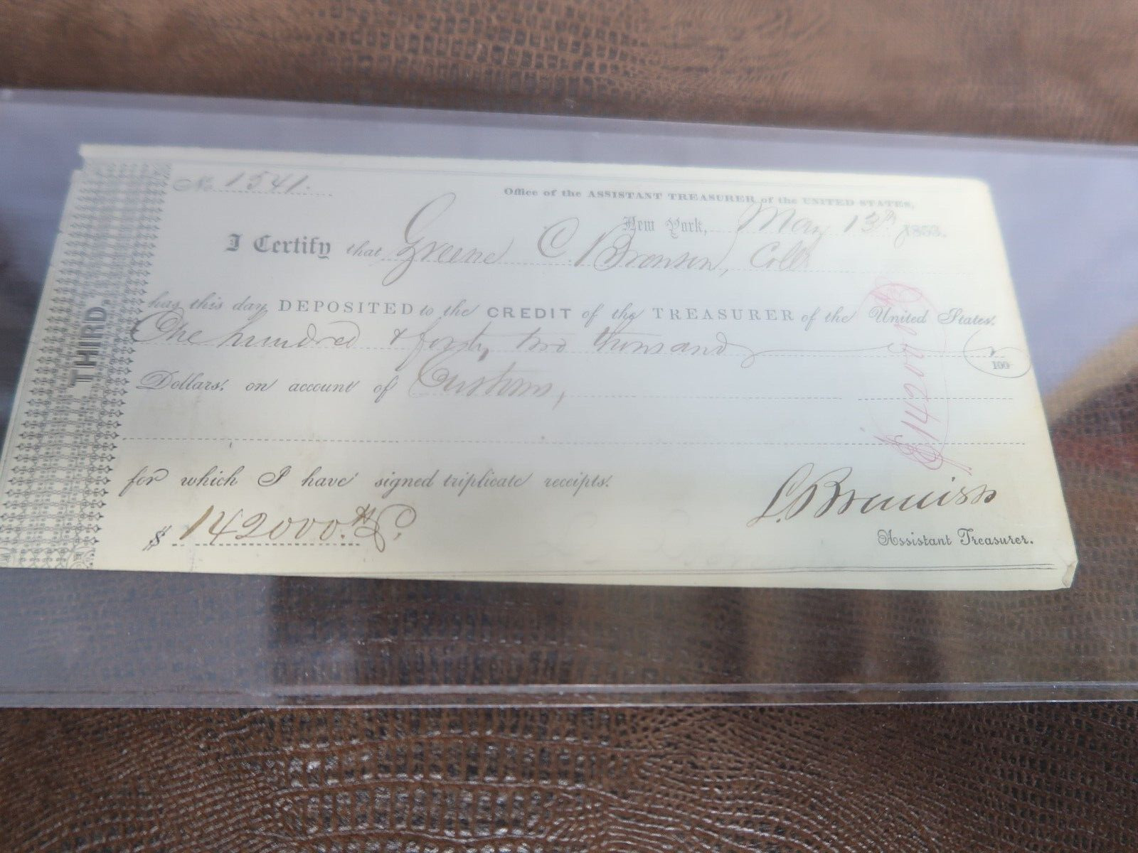 $142,000 1853 Treasurer Of The United States Check New York Very Nice Writing