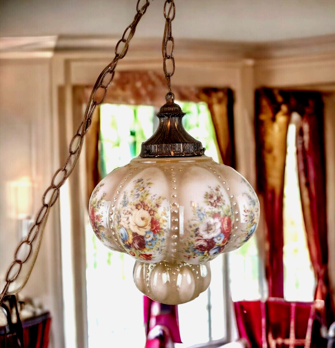 Vintage Victorian Style Melon Bubble Glass Hanging Pendant Swag Lamp Light