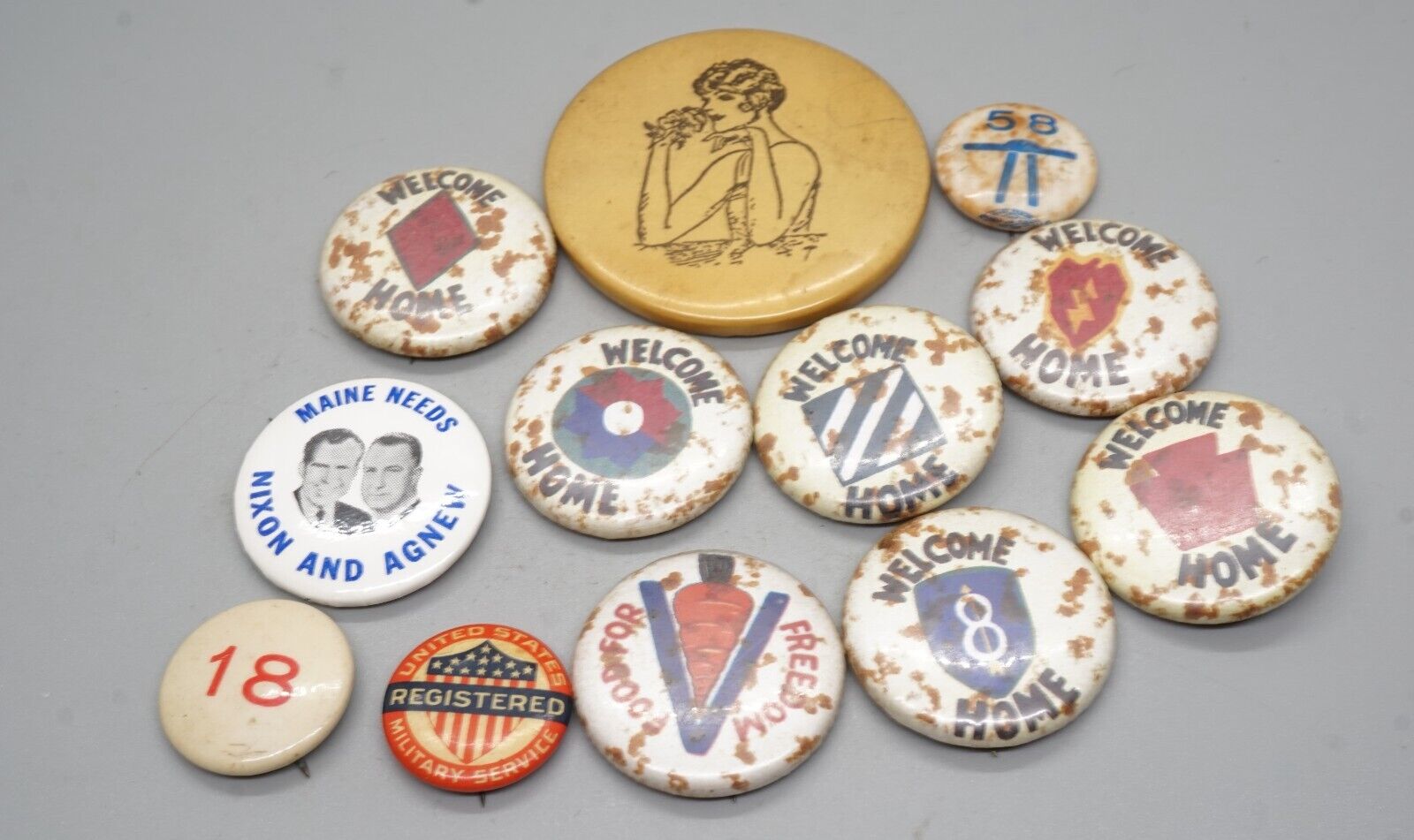 WWII Army Division Welcome Home, Food Production Button Pins Lot Of 12
