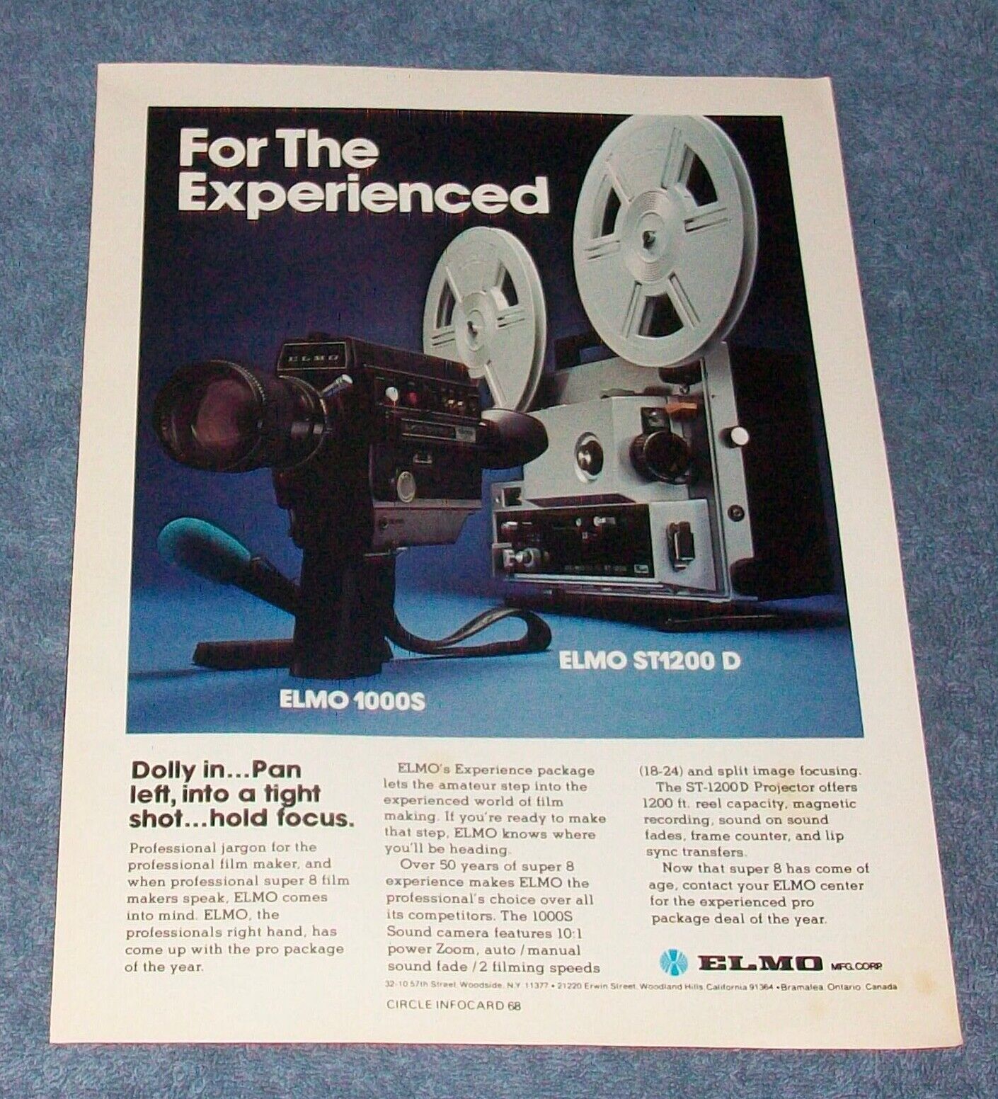 1977 Elmo Super 8 1000S Sound Camera and ST1200D Projector Vintage Ad