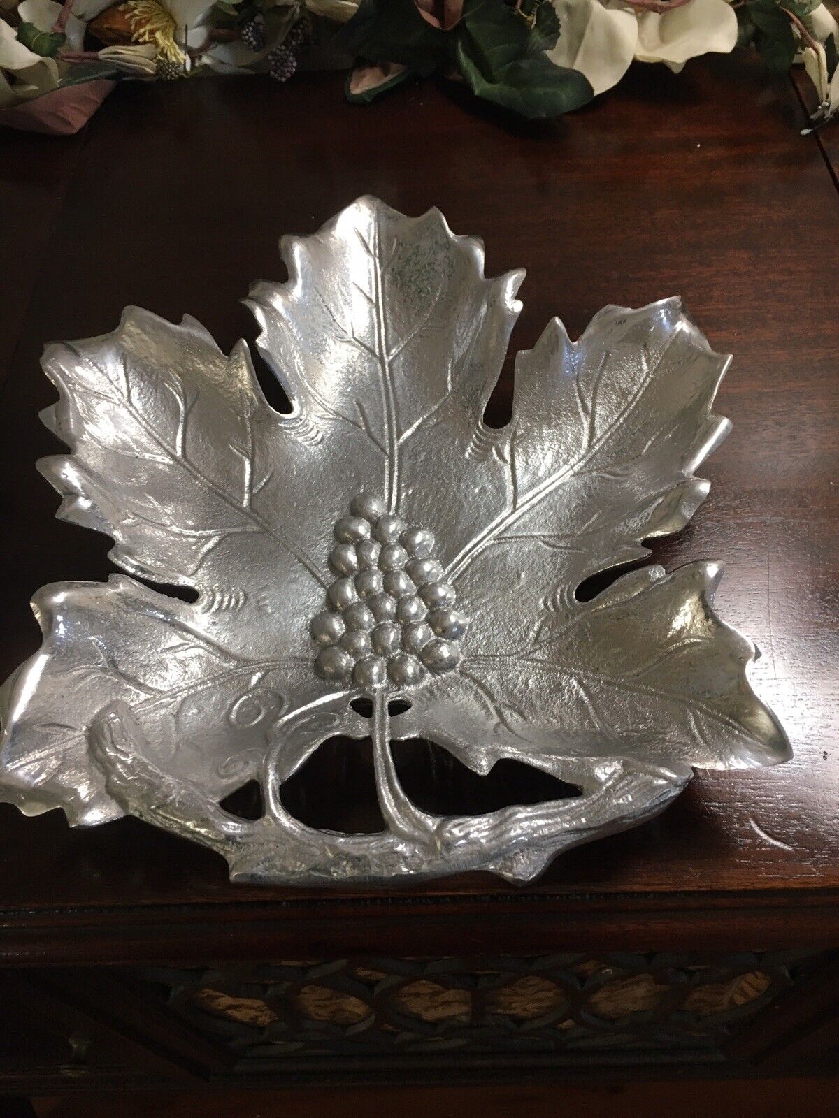 Vintage 1980’s R.H. MACY & Co. Silver Metal Grapevine Serving Tray Leaf Shaped