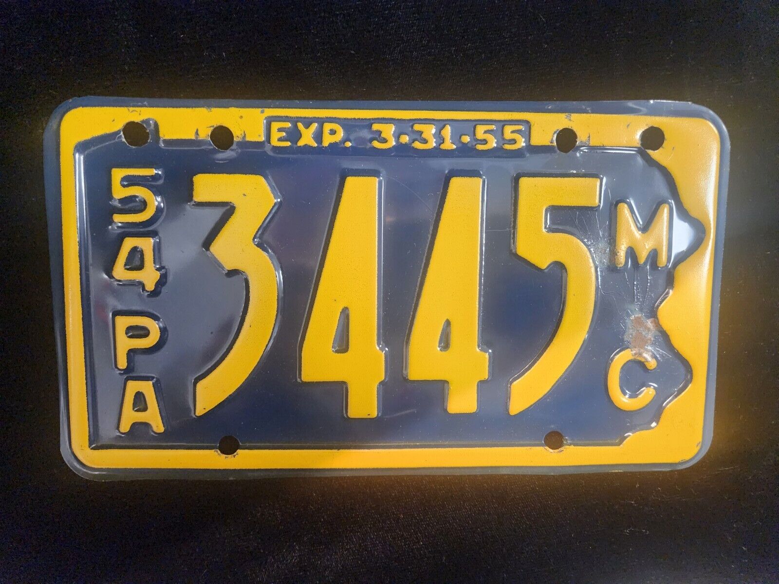 1954 Pennsylvania Motorcycle  License Plate 3445