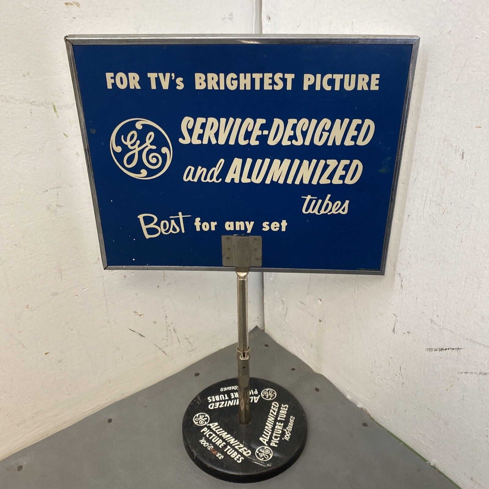 Rare Early GE TV Service & Tubes Advertising Sign &  Mirror W/ Original Stand