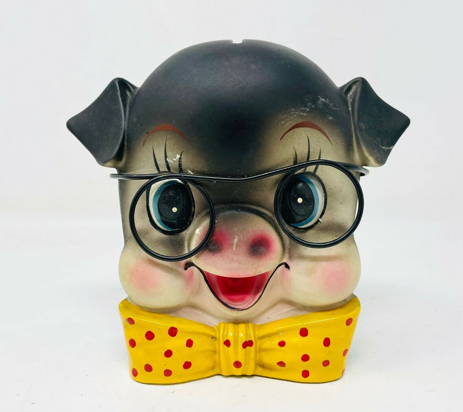 Vintage Chalkware Pig with Glasses Polka Dot Bow Tie Piggy Bank 5-1/2”x6-1/2”x3”