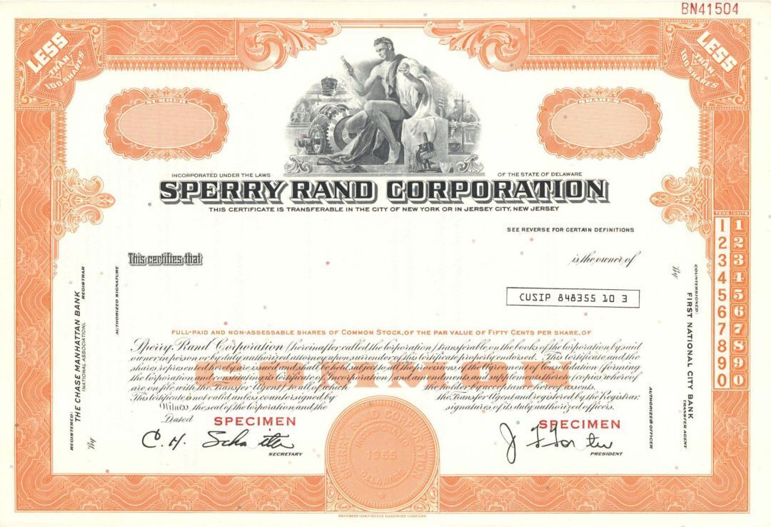 Sperry Rand Corp. - 1955 dated Specimen Stock Certificate - Specimen Stocks & Bo