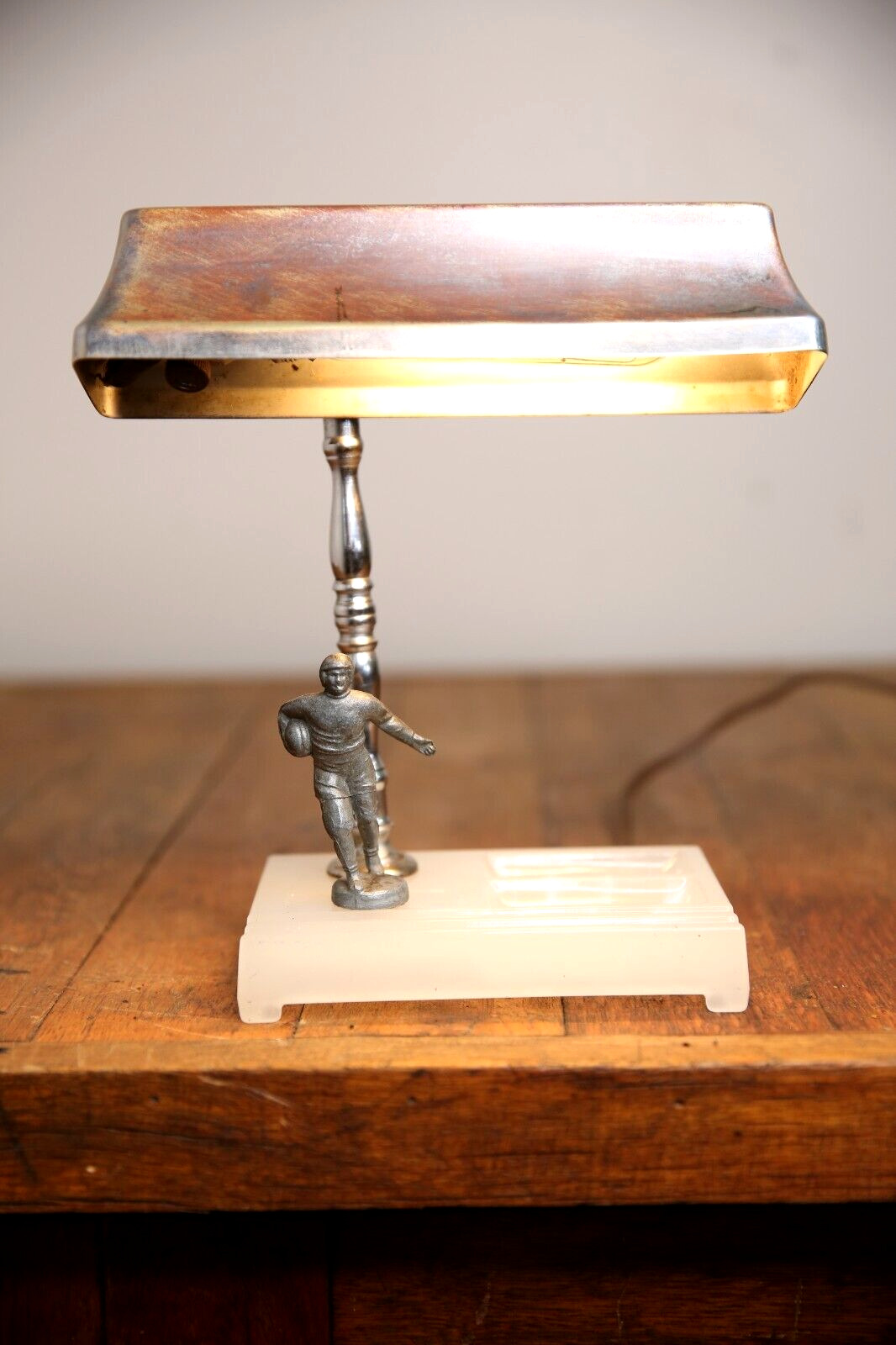 Vintage Art Deco light Football Player Desk Lamp glass base pen holder 